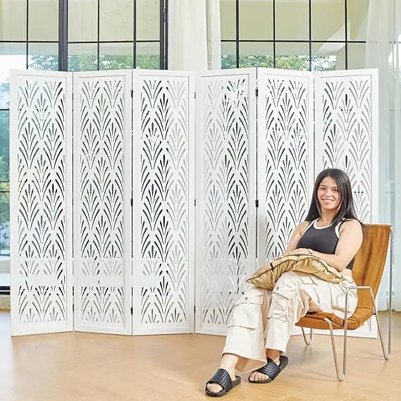 5.6Ft Room Divider Folding Wood Carved Partition Screen 6 Panels