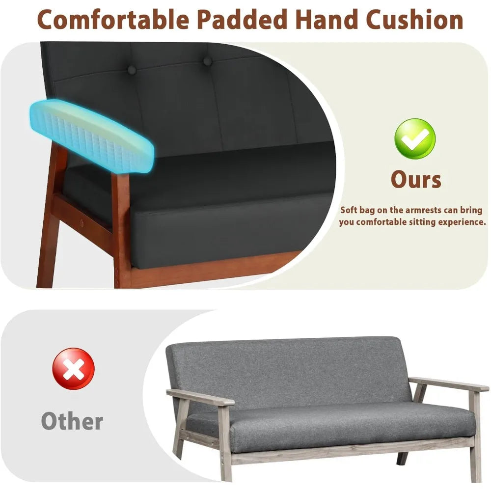 50” Black Faux Leather Mid Century Loveseat – Small 2-Seater Sofa with Wood Arms