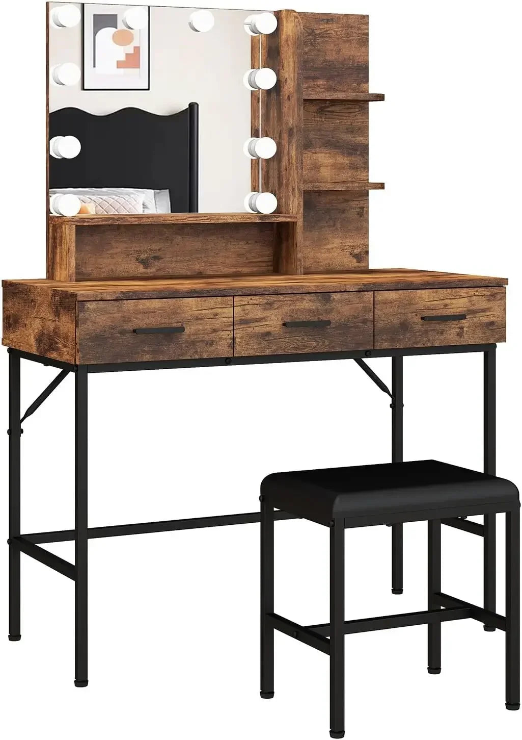 Vanity Table with Lighted Mirror and Cushioned Stool for Makeup