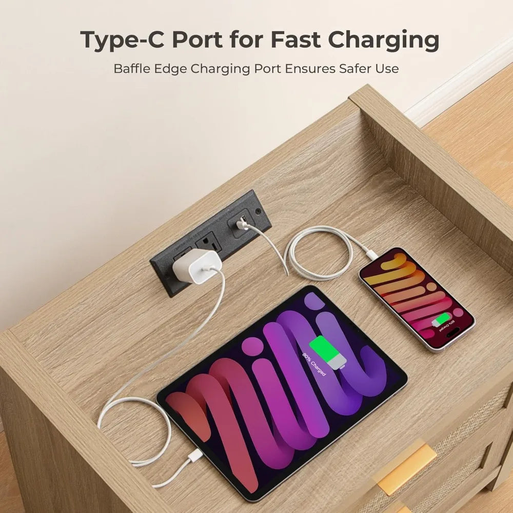 Rattan Nightstand with Type-C Charging Station 2 Drawers Storage
