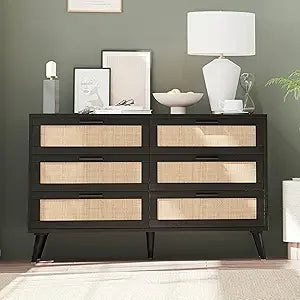 12 Drawer Double Dresser for Bedroom, Rattan Chest of Dressers, Modern Wooden Dresser Chest with Golden Handles, Beside Table f