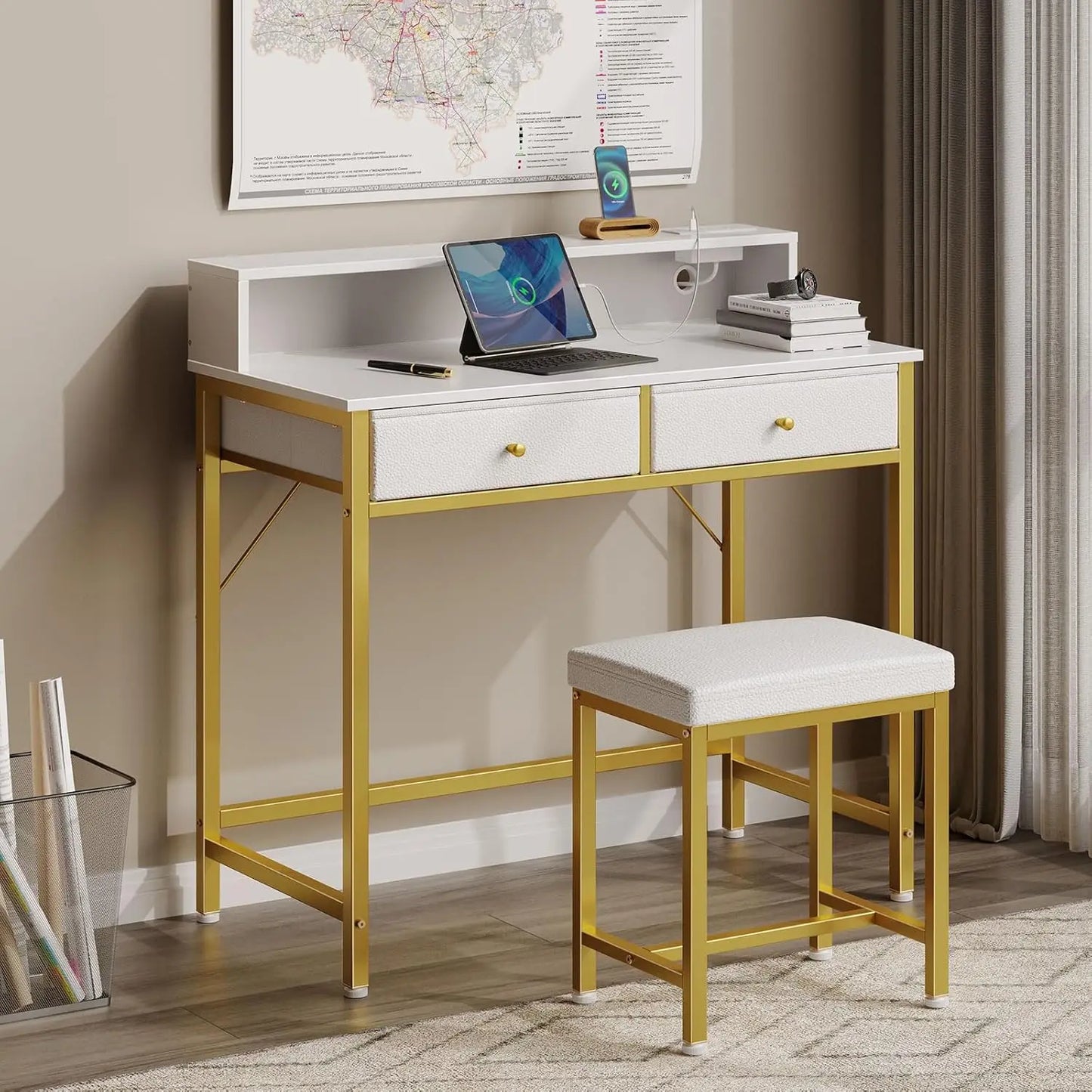 Vanity Desk with Drawers and Charging Station for Bedroom Home Office