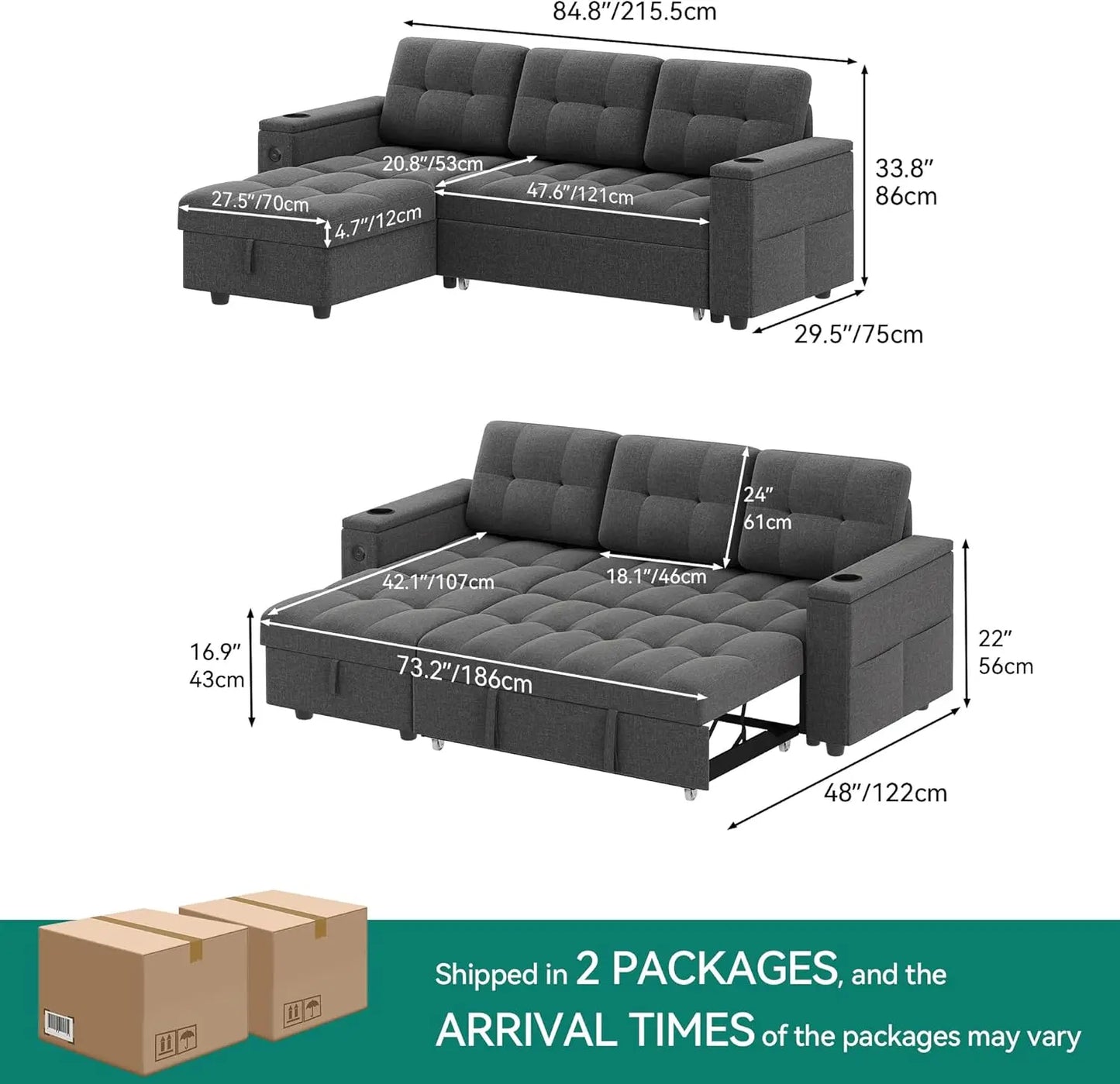 Modern L-Shaped Sleeper Sofa Bed w/ Pull Out, USB Ports, Storage Chaise, Reversible Couch