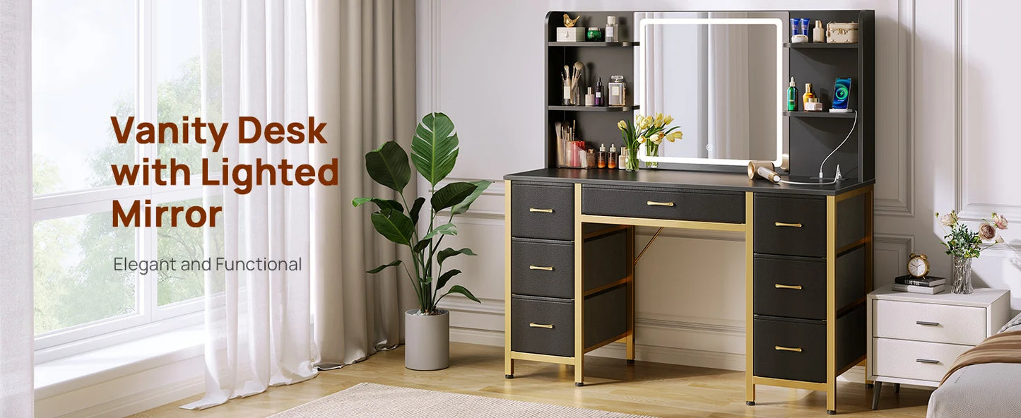 Vanity Desk with Lighted Mirror Power Outlet 7 Drawers 3 Lighting Modes