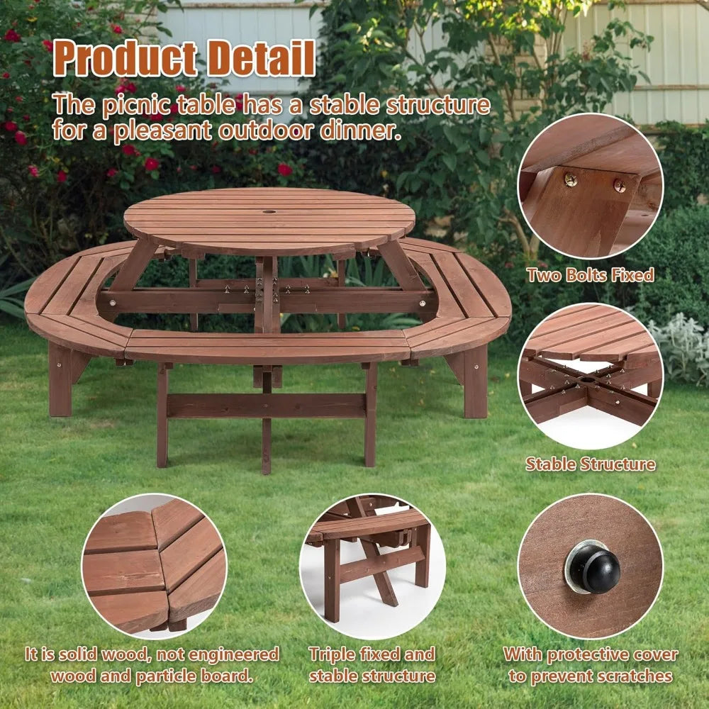 10 Person Solid Wood Outdoor Round Picnic Table and Bench Set