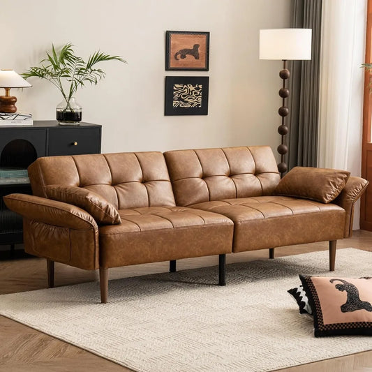 85 Inch Mid Century Modern Faux Leather Futon Sofa Bed Couch Storage