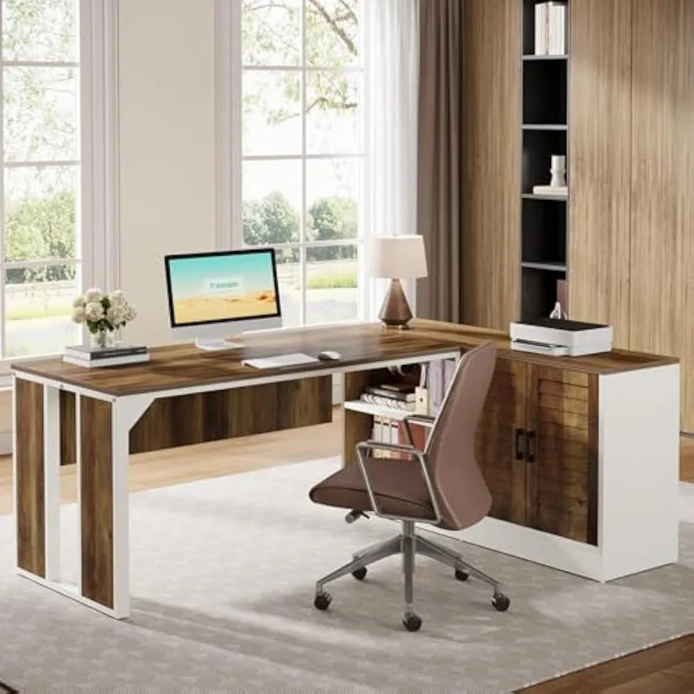 L-Shaped Executive Desk Office Workstation with Cabinet Storage