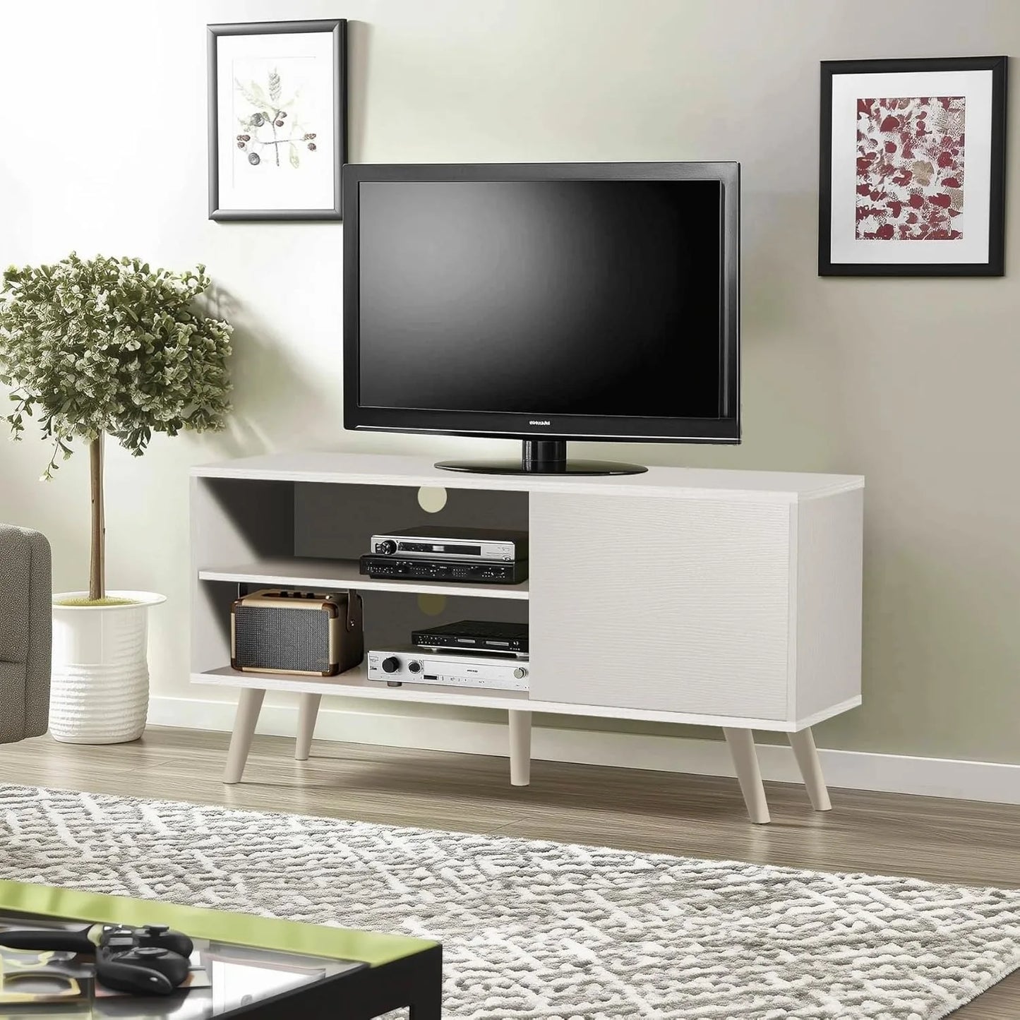 White Wood Modern TV Stand Entertainment Center with Storage Cabinet