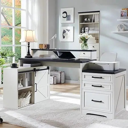 Modern Farmhouse Home Office Desk with File Cabinet 67 Inch