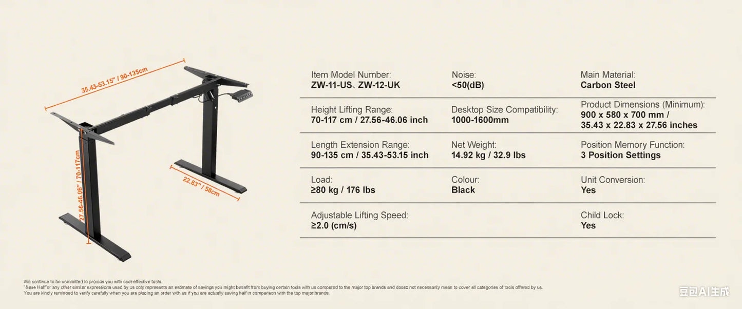 Ljustra Electric Standing Desk Frame Ergonomic DIY Workstation Black White