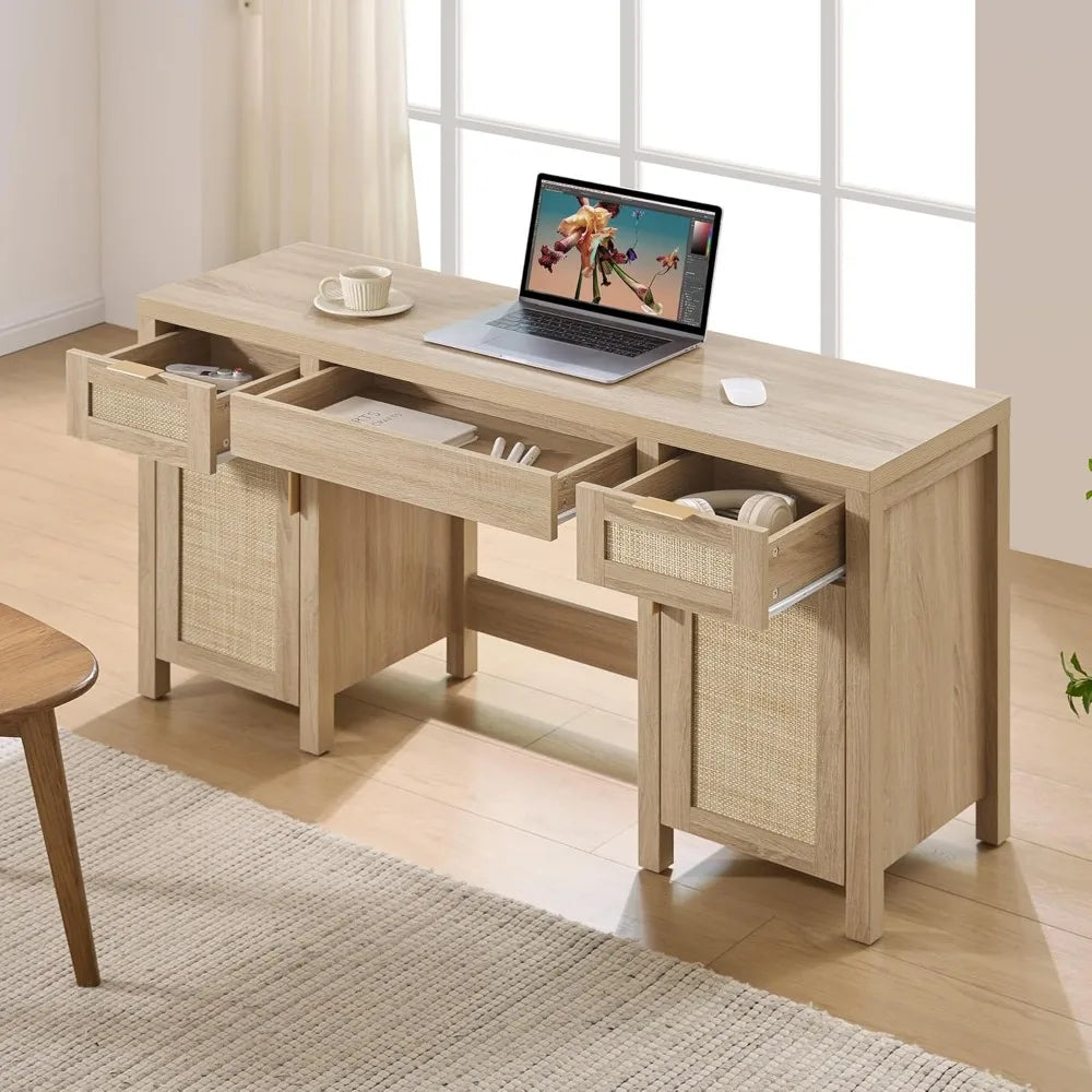 Rattan Vanity Desk 52" Large Boho Makeup Dressing Table with Storage