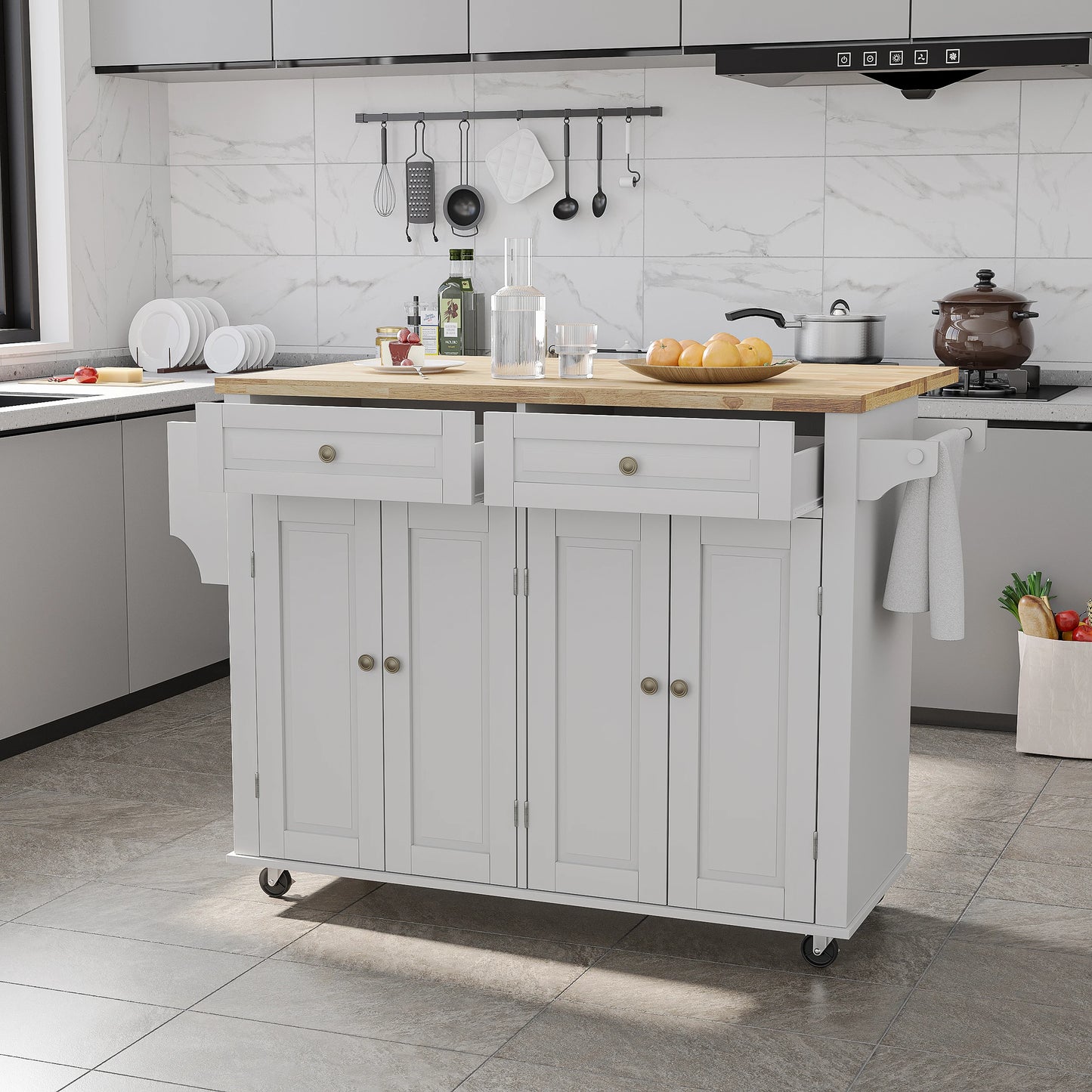 Rolling Kitchen Island on Wheels with Drop Leaf Storage Cabinet