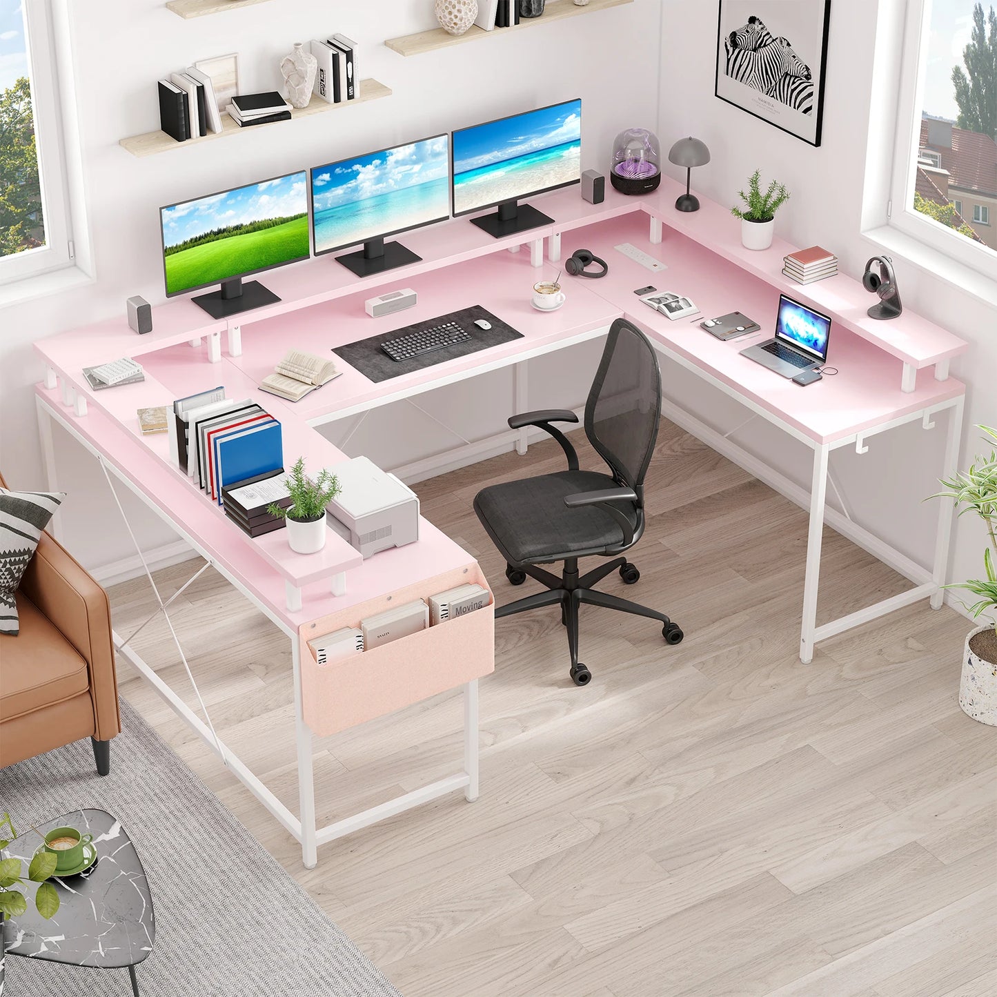 Modern L-Shaped Computer Desk with LED Lights Power Outlet and Shelves