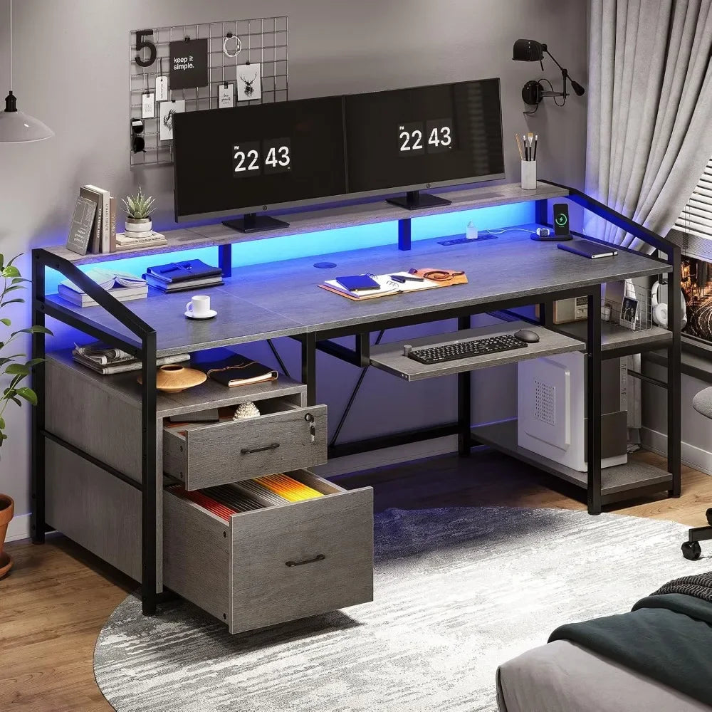 63 Inch Computer Desk Office Desk with Lockable Drawers LED Lights Power Outlet