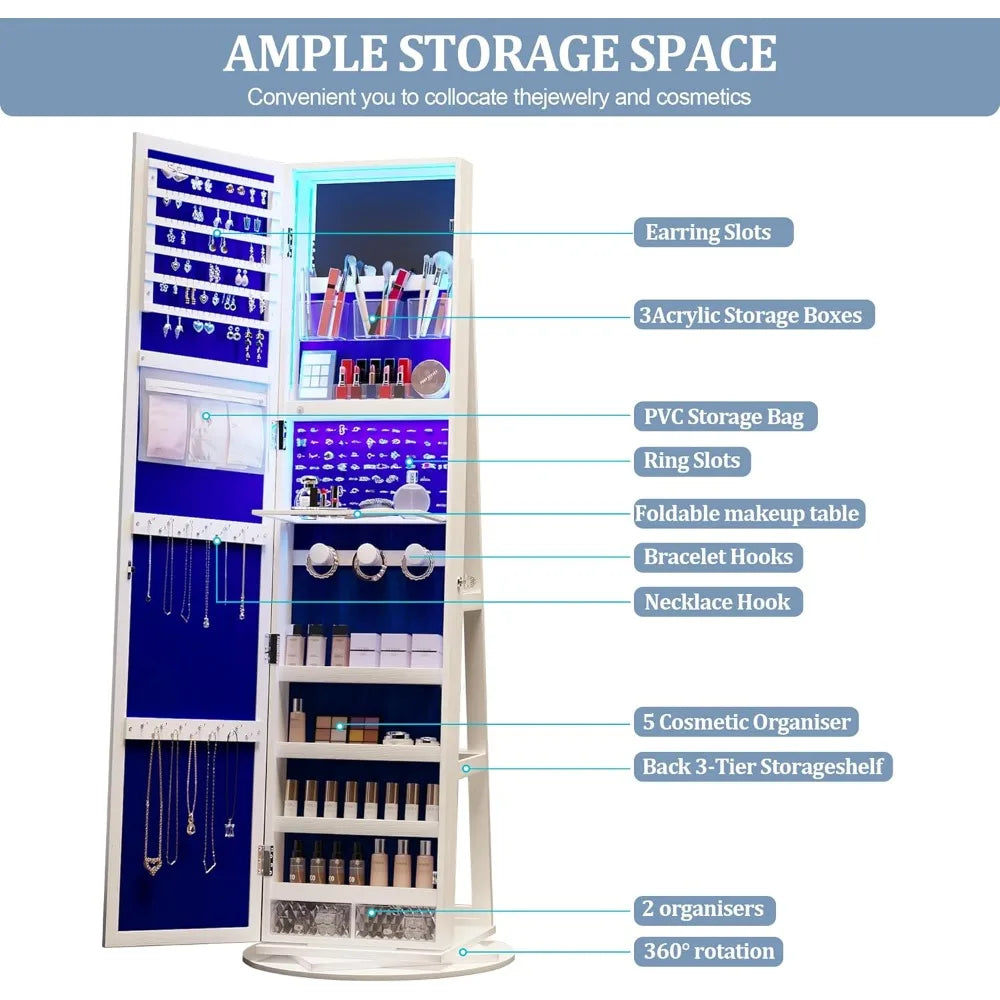 360 Degree Swivel Jewelry Armoire Lockable Cabinet with LED Light