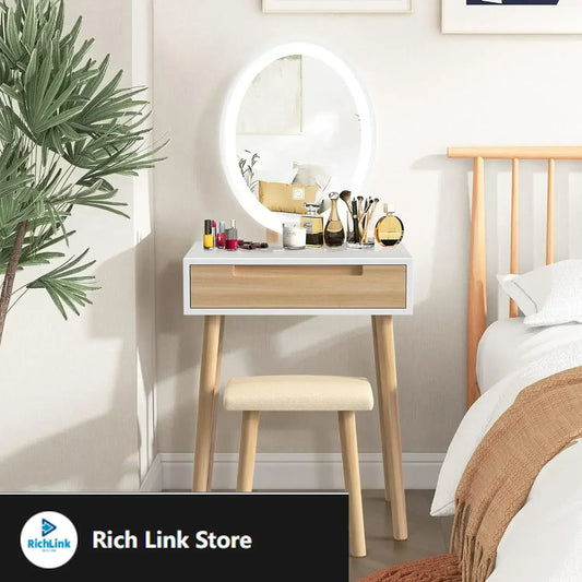 Makeup Vanity Table Set with Adjustable Lighted Mirror and Stool