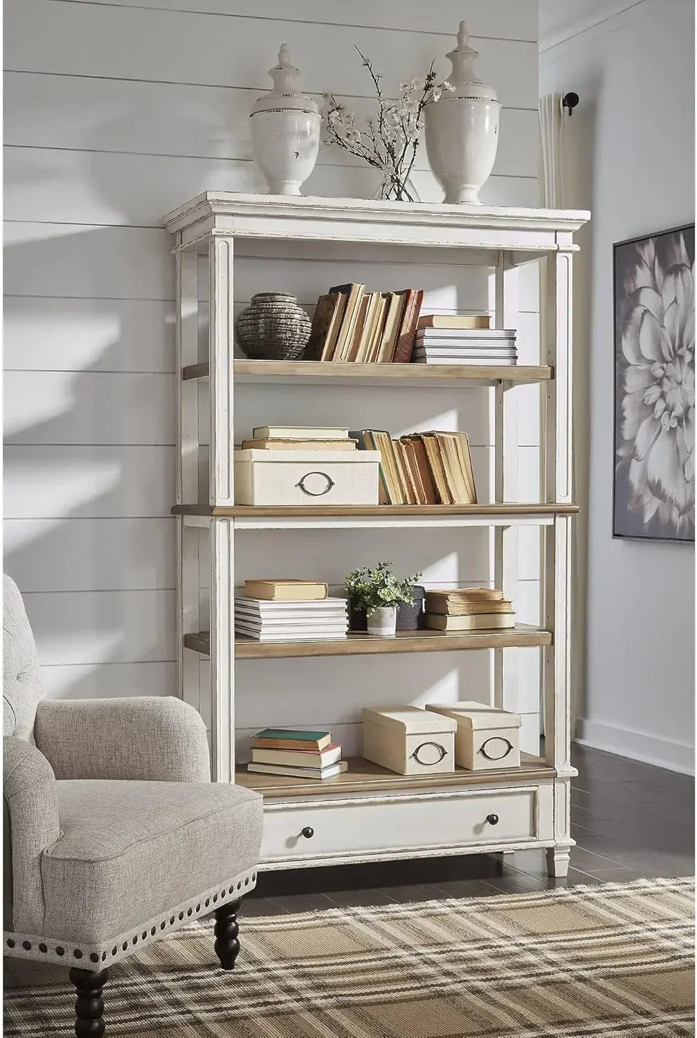 Realyn French Country 75 Inch Bookcase with Drawer Farmhouse Style