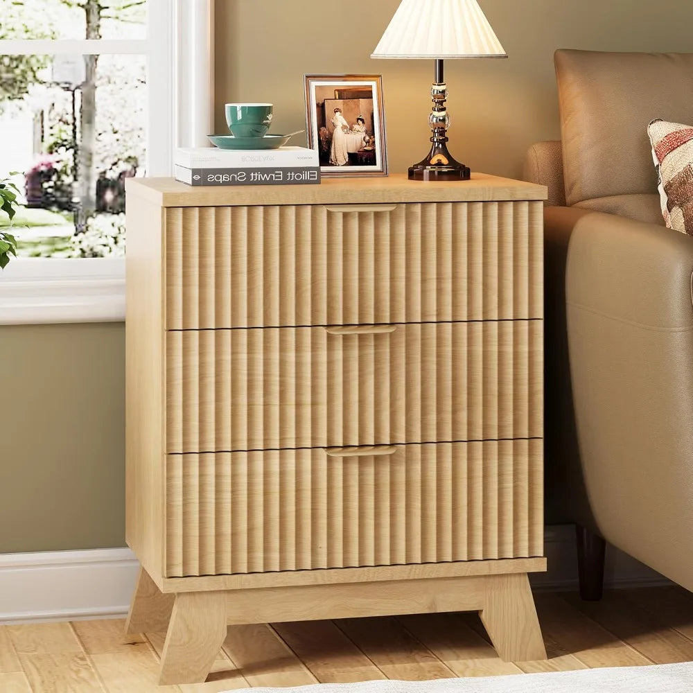 Fluted Nightstand Modern Side Table with 3 Storage Drawers