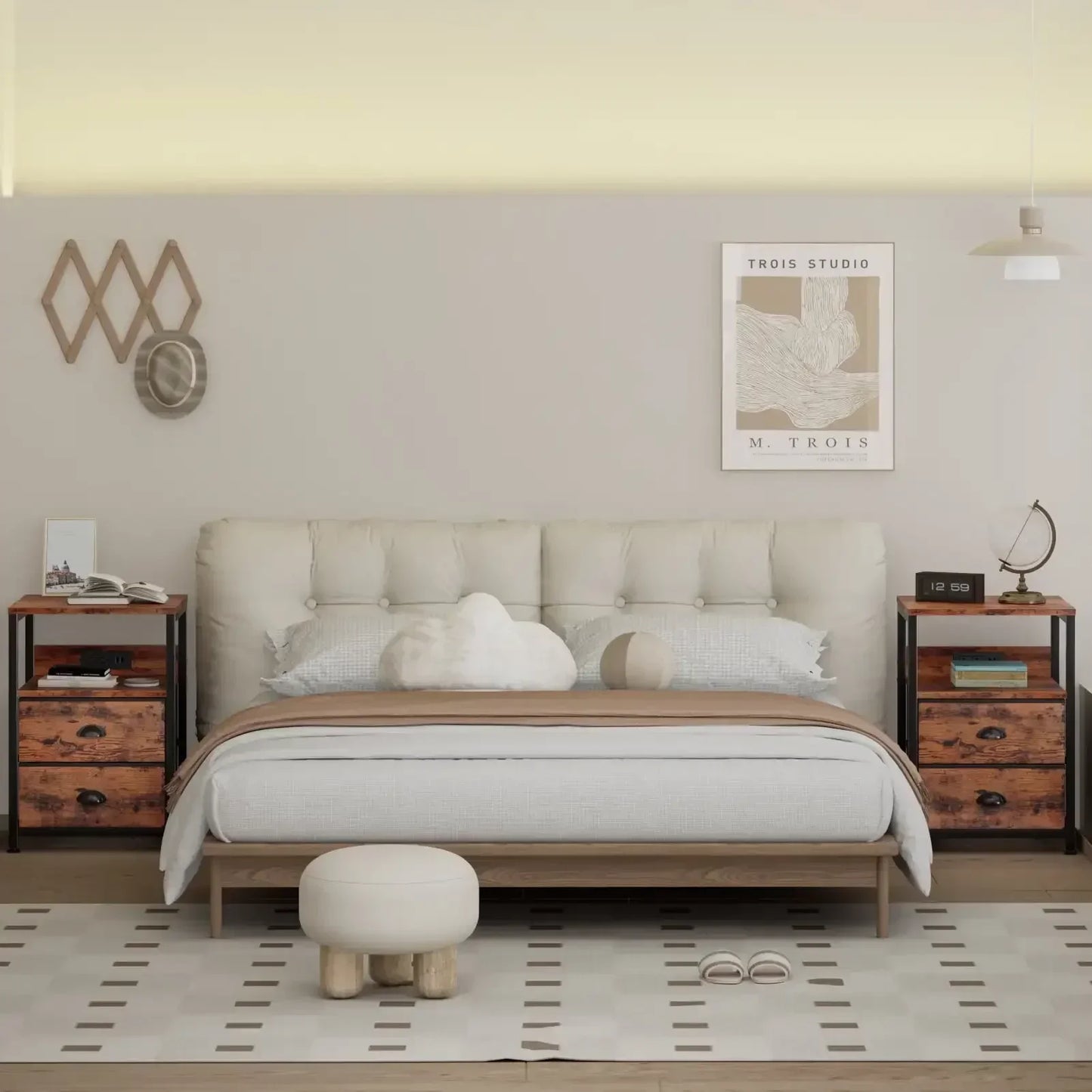 Nightstand Set of 2 with Charging Station and Drawers Rustic Style