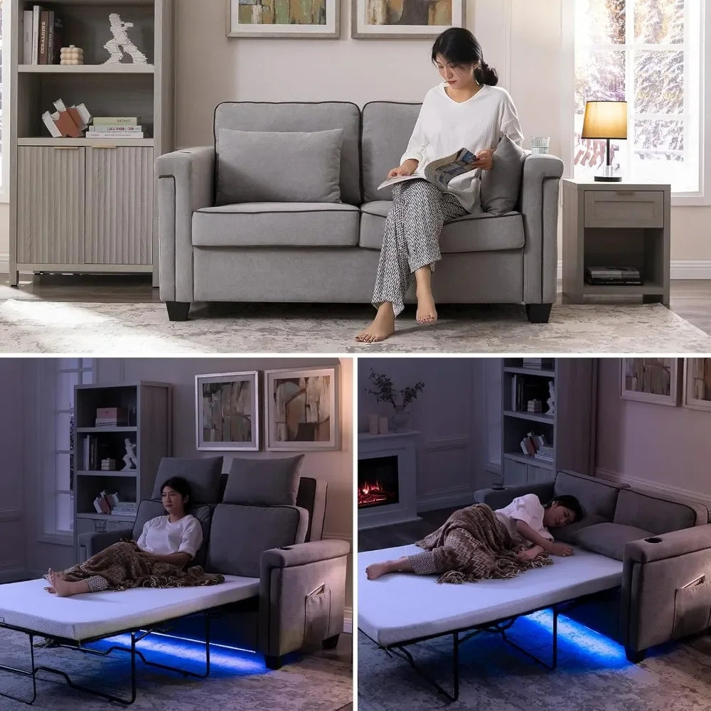 Ljustra Pull Out Sofa Bed 2 in 1 LED Sleeper Couch USB Cup Holder