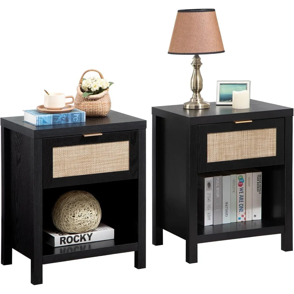 Rattan Night Stands Set of 2 Farmhouse Nightstand Bedside Table