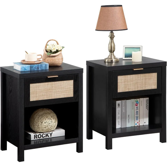 Rattan Night Stands Set of 2 Farmhouse Nightstand Bedside Table