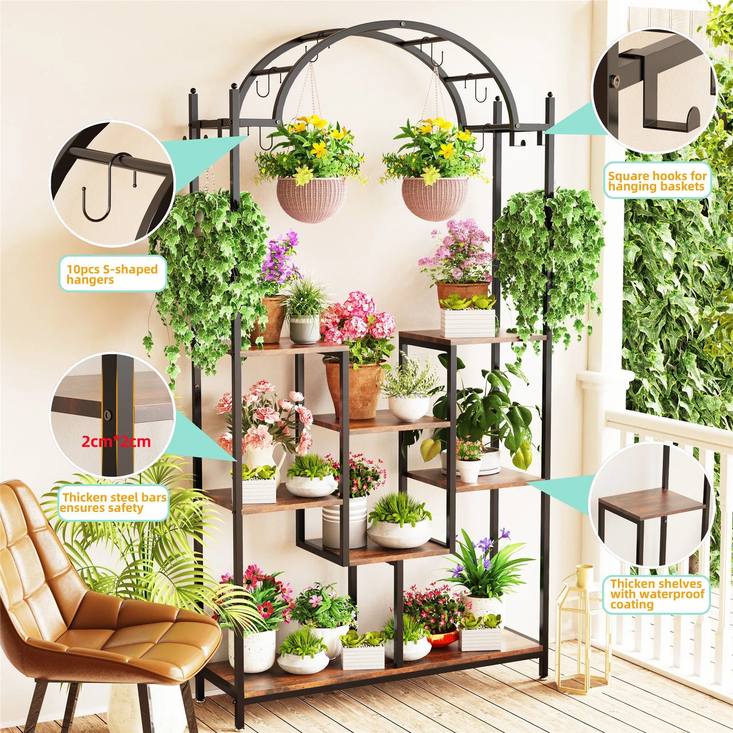 5-Tier Tall Indoor Plant Stand Arched Metal Flower Shelf Bonsai Rack