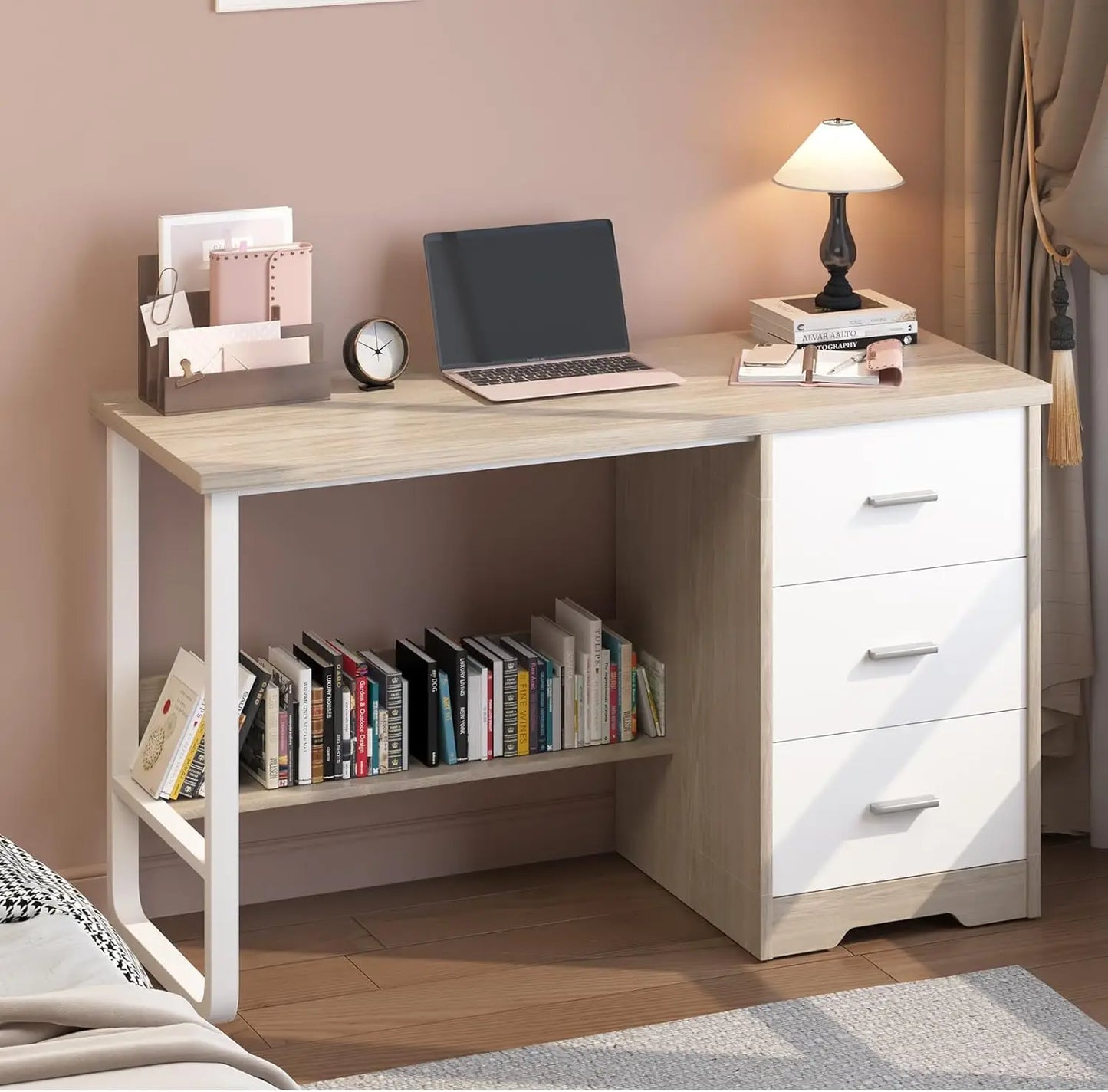 Small Modern Desk with 3 Drawers for Home Office and Bedroom Storage