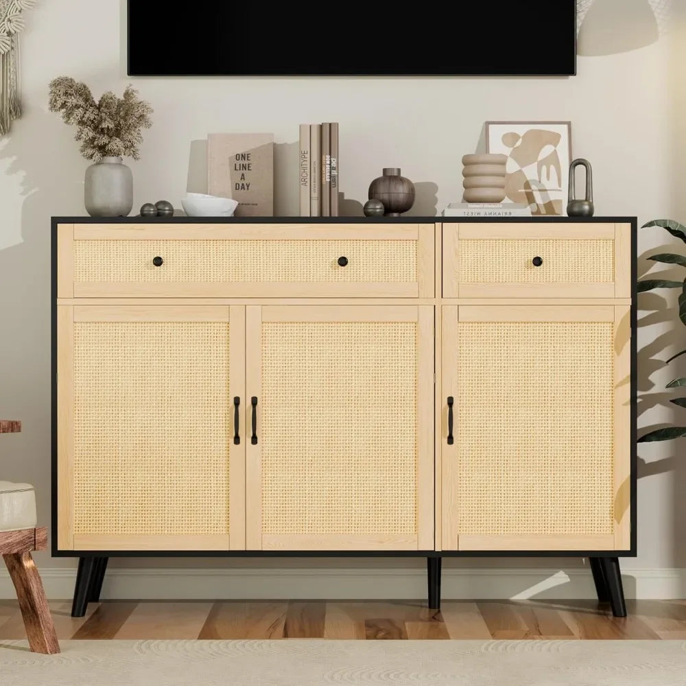 "Sideboard Buffet Storage Cabinet, Rattan Design with 2 Drawers & 3 Doors – Versatile Buffet Table for Kitchen, Dining & Living