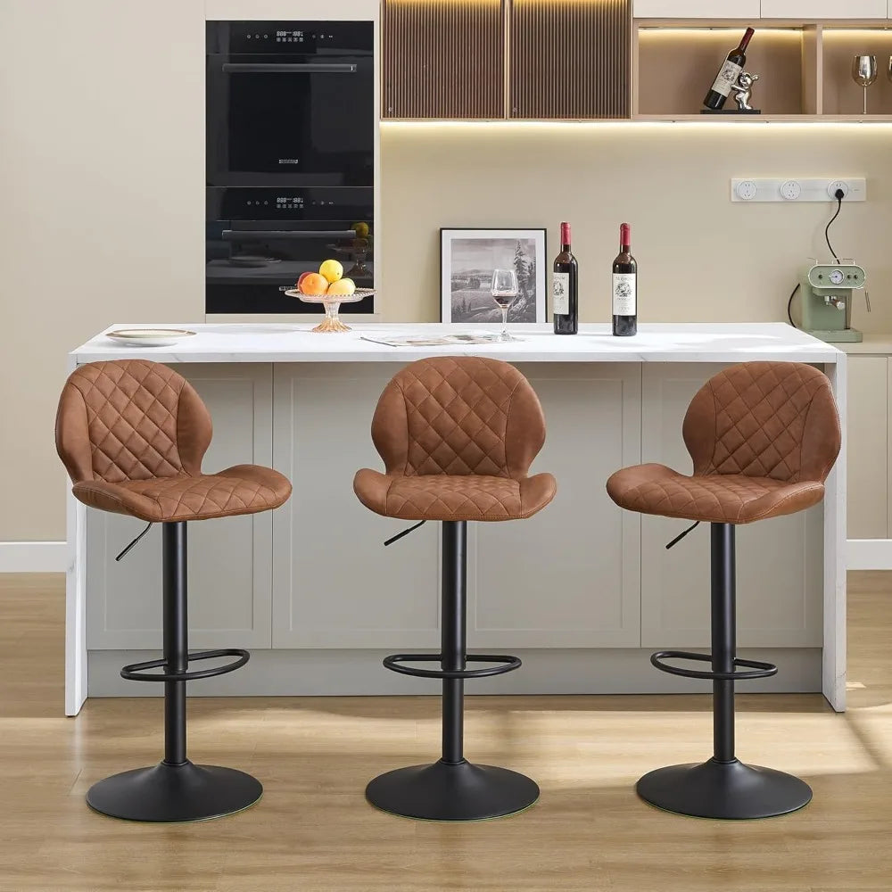 Set of 3 Adjustable Brown Swivel Bar Stools with Back for Home Bar