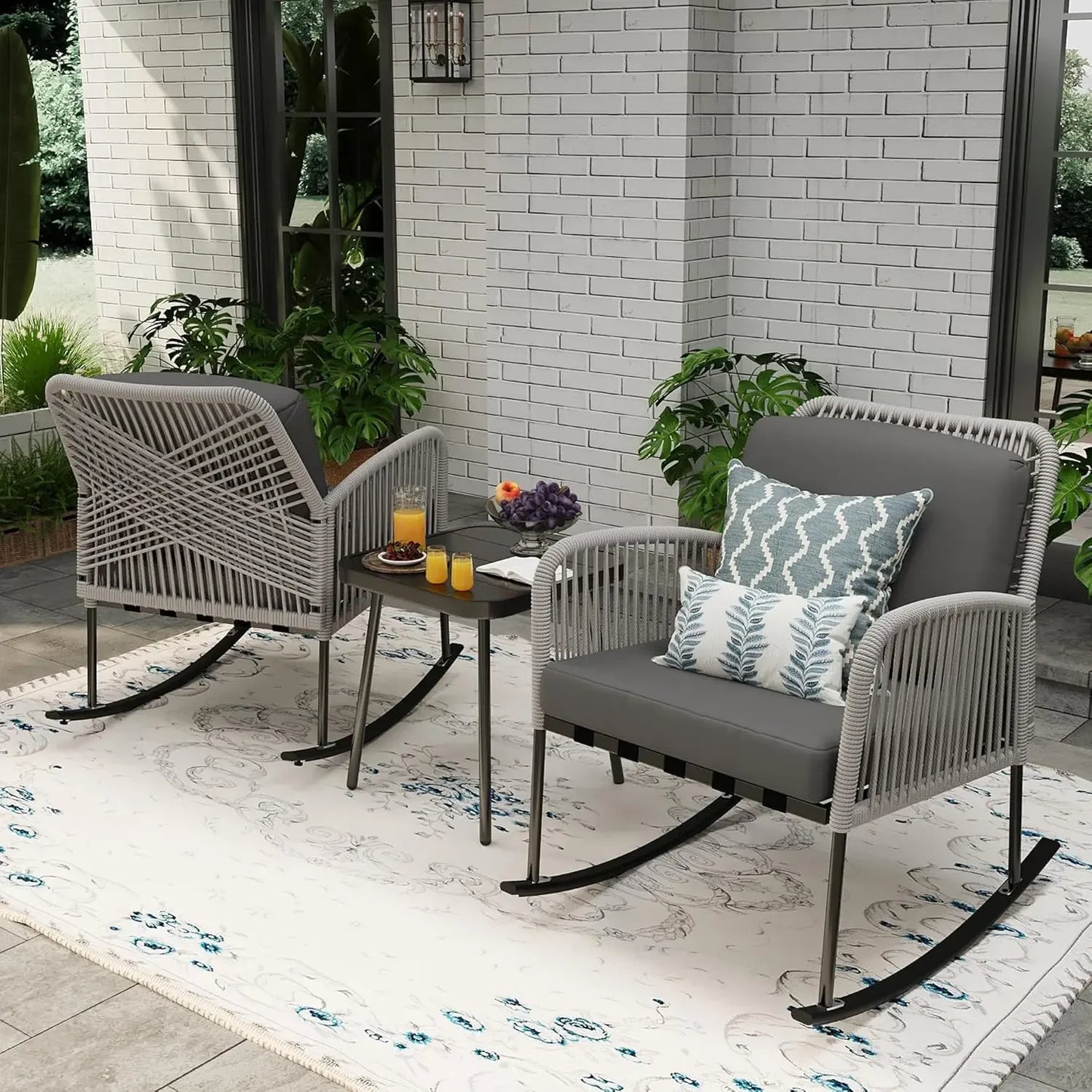 Boho Patio Rocking Chairs Set of 2 with Coffee Table Outdoor Furniture