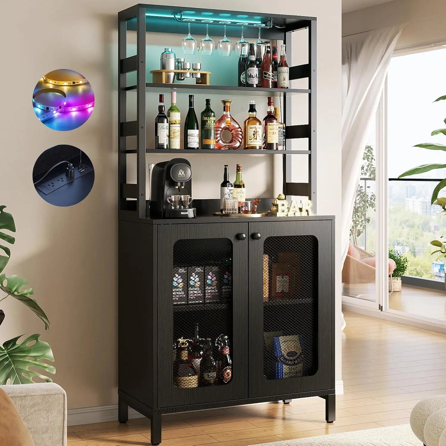 Tall Bar Cabinet with Power Outlets LED Lights Wine Liquor Storage