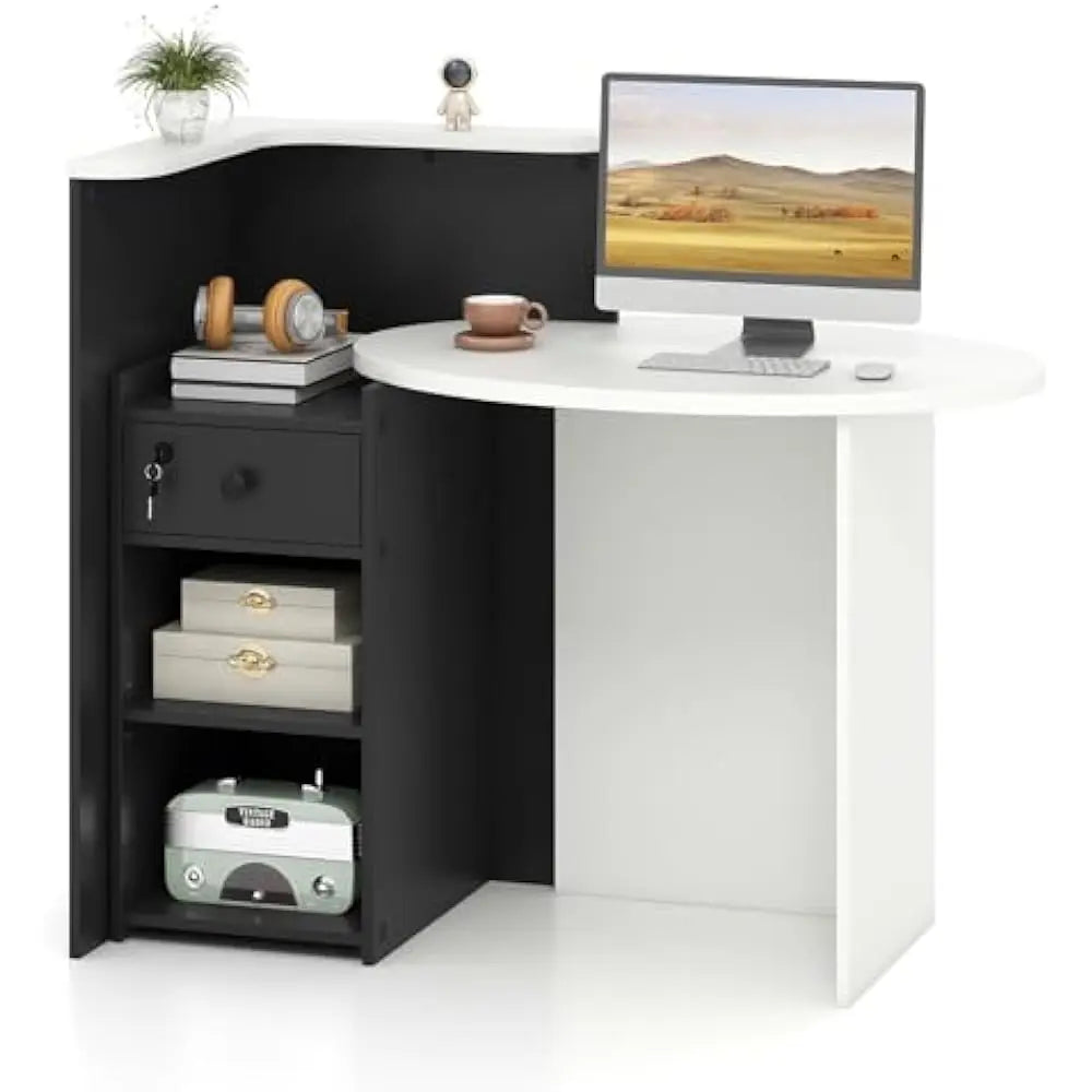Reception Desk Front Counter Desk with Lockable Drawer and Adjustable Shelf