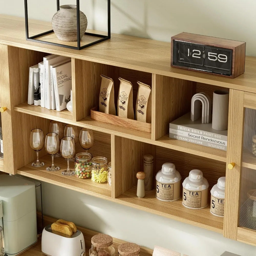 Large Kitchen Hutch Cabinet with Glass Doors Drawers Microwave Shelf