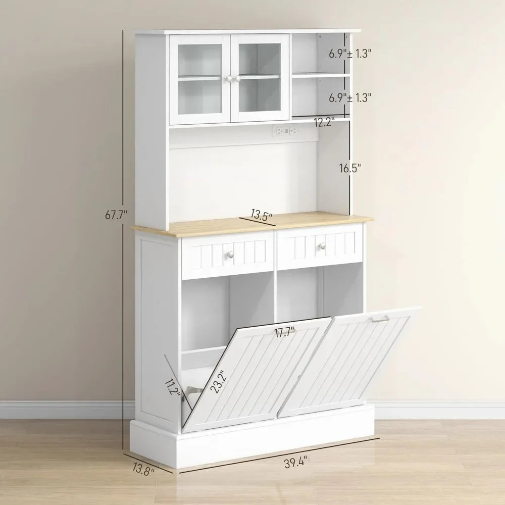68 Inch Kitchen Pantry Storage Cabinet with Charging Station and Trash Can