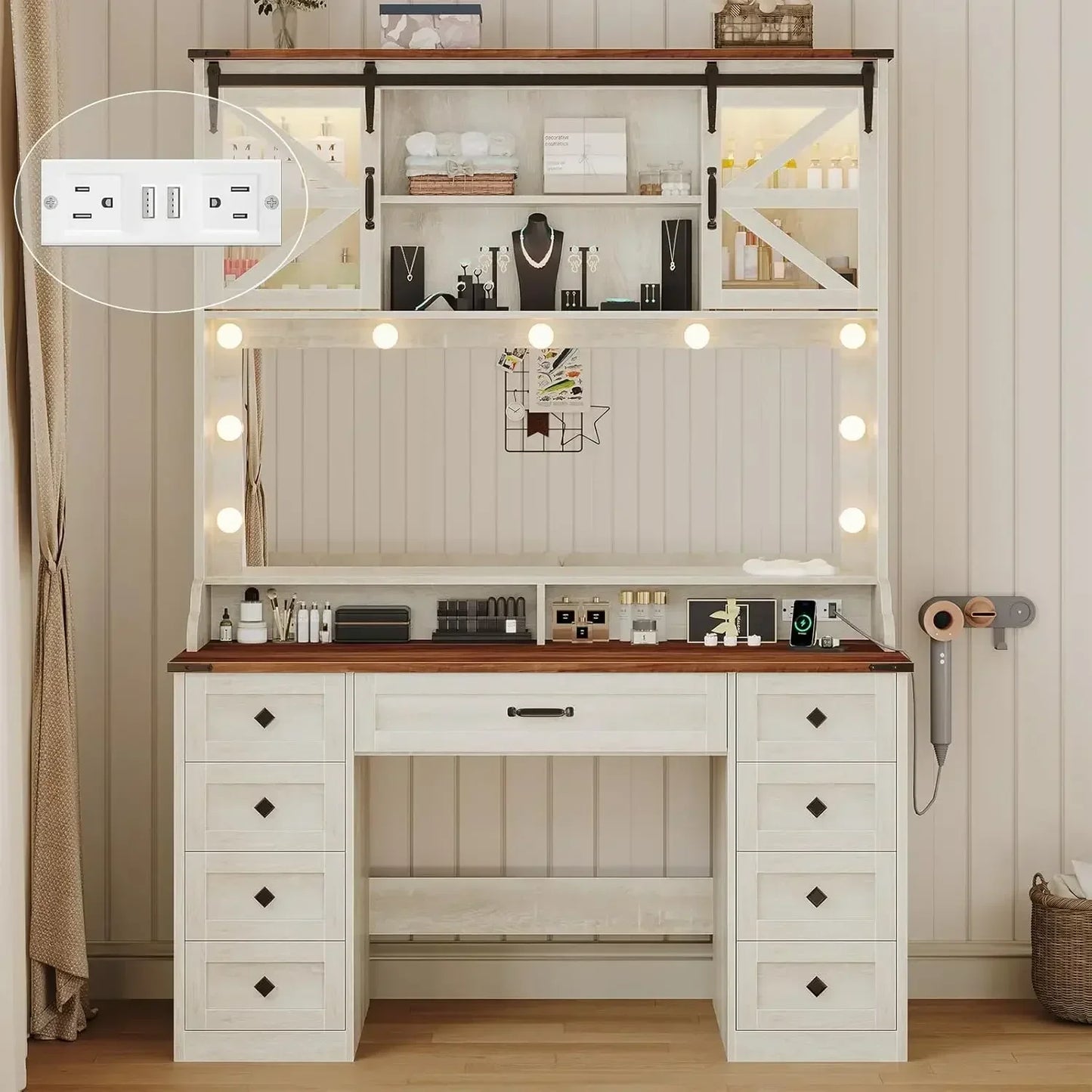 Farmhouse Makeup Vanity Desk with Mirror and RGB Lights 9 Drawer