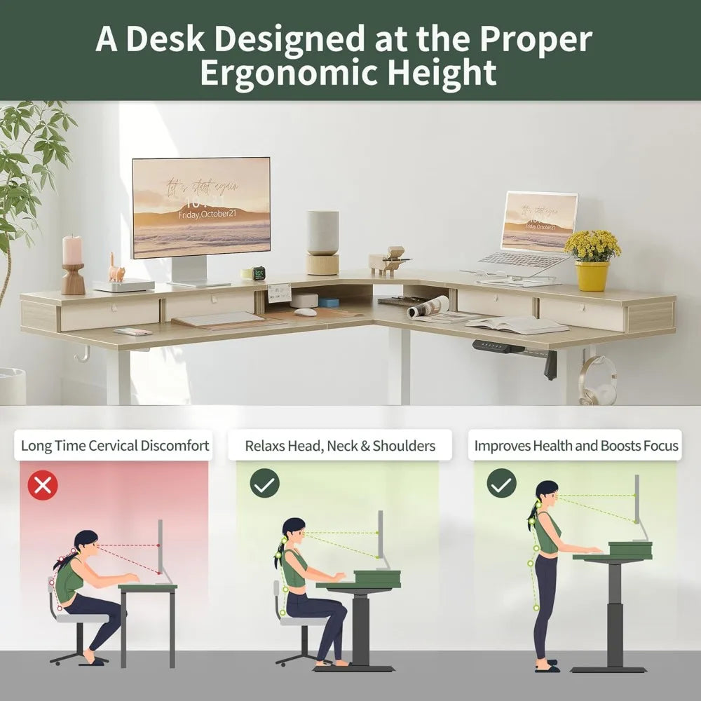 L Shaped Electric Adjustable Height Desk with 4 Drawers for Home Office
