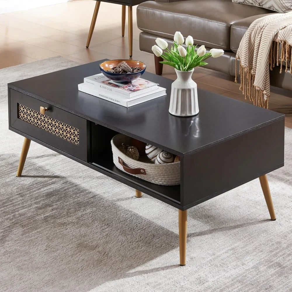 Wooden Mid Century Modern Coffee Table with Sliding Door for Living Room