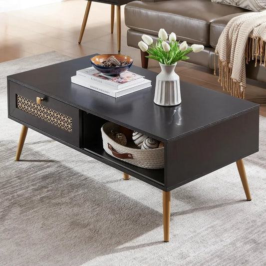 Wooden Mid Century Modern Coffee Table with Sliding Door for Living Room