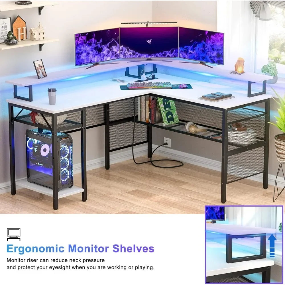 L-Shaped Desk with LED Strip Power Outlets Reversible Corner Design