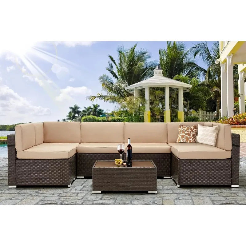 Ljustra 7 Piece Outdoor Patio Furniture Set Wicker Sectional Sofa