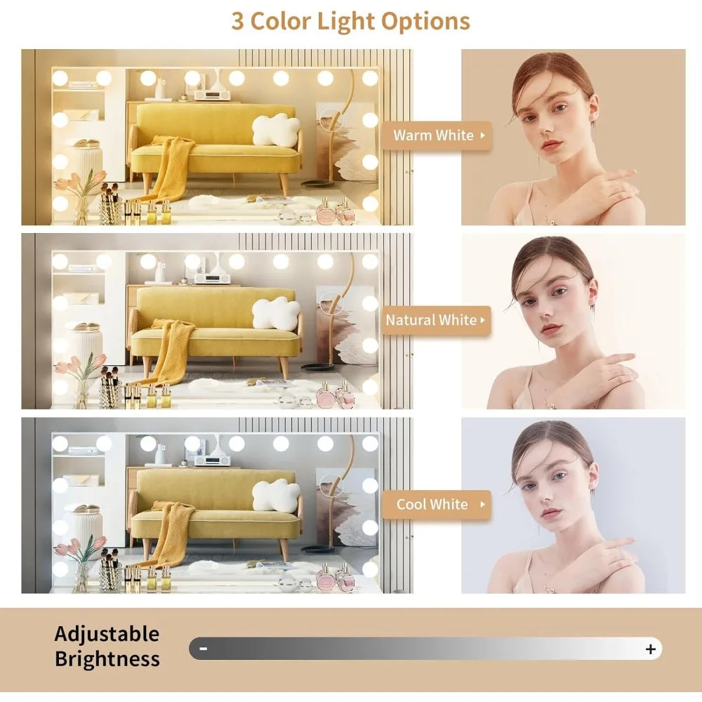 Vanity with Lighted Mirror Adjustable Brightness 11 Drawers Makeup Desk