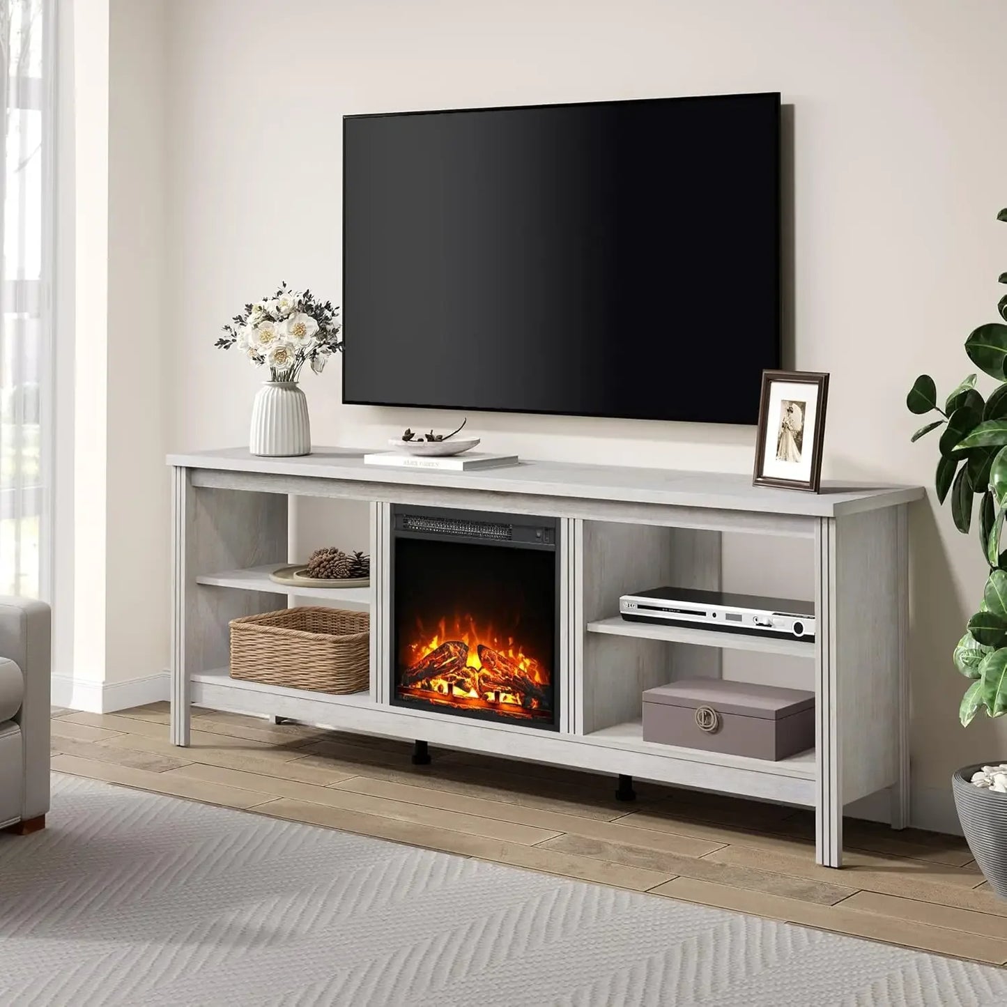 Electric Fireplace TV Stand for 75 Inch TV Modern Oak Console