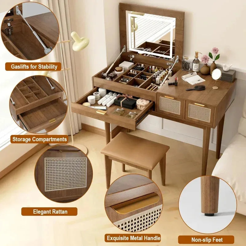 Ljustra LED Lighted Vanity Desk with Openable Mirror and Storage Stool