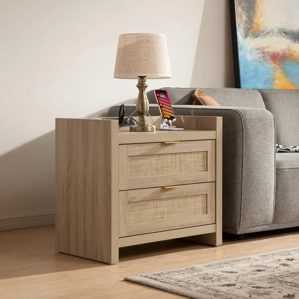 Rattan Nightstand with Type-C Charging Station 2 Drawers Storage
