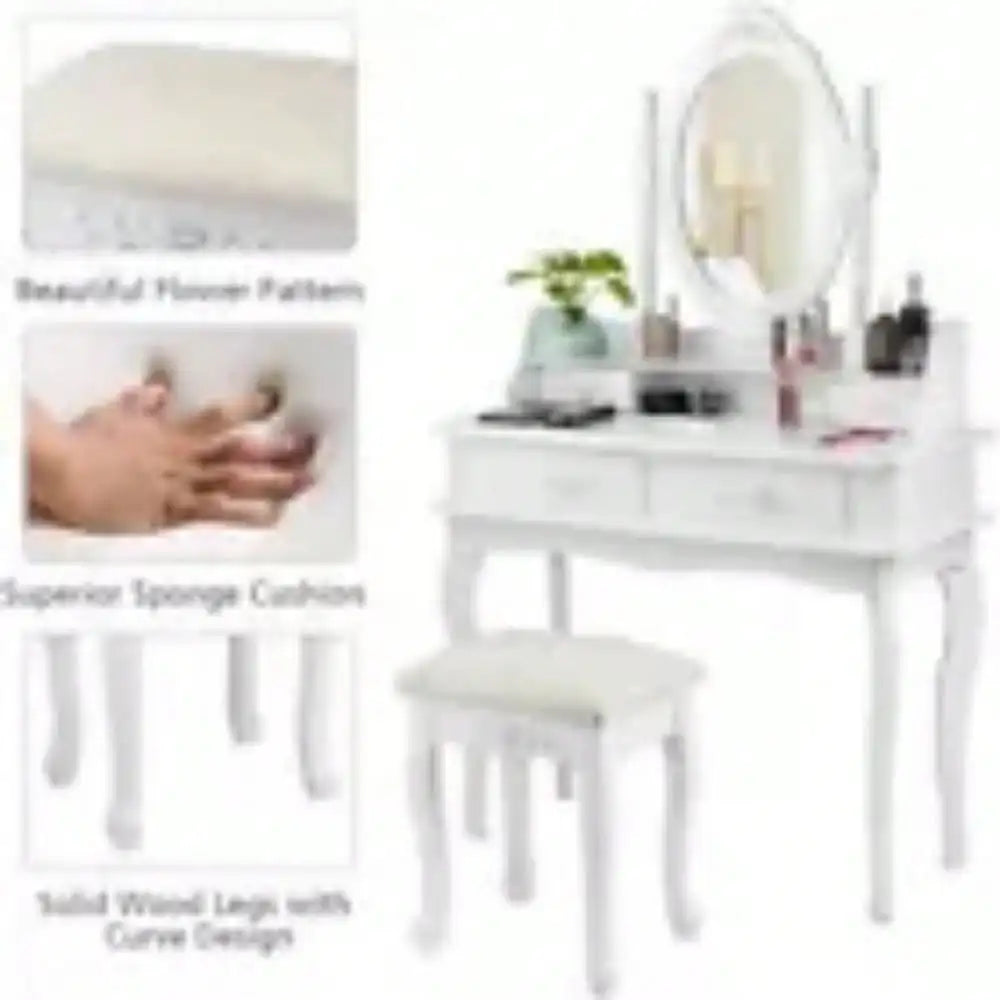 Makeup Vanity Table Set with Oval Mirror and 4 Drawers for Girls