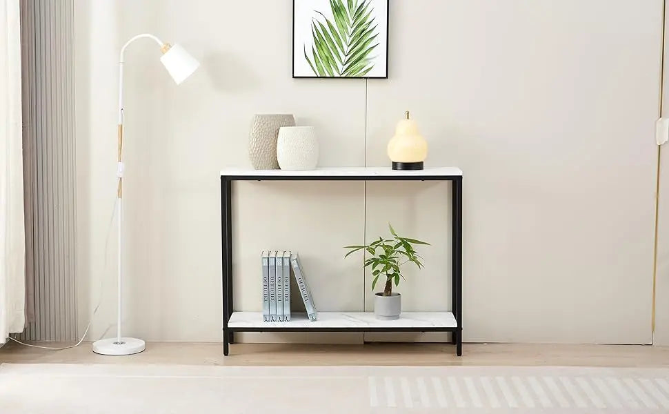 Console Table Entryway Faux Marble Double Layer Sofa Table Gold Frame