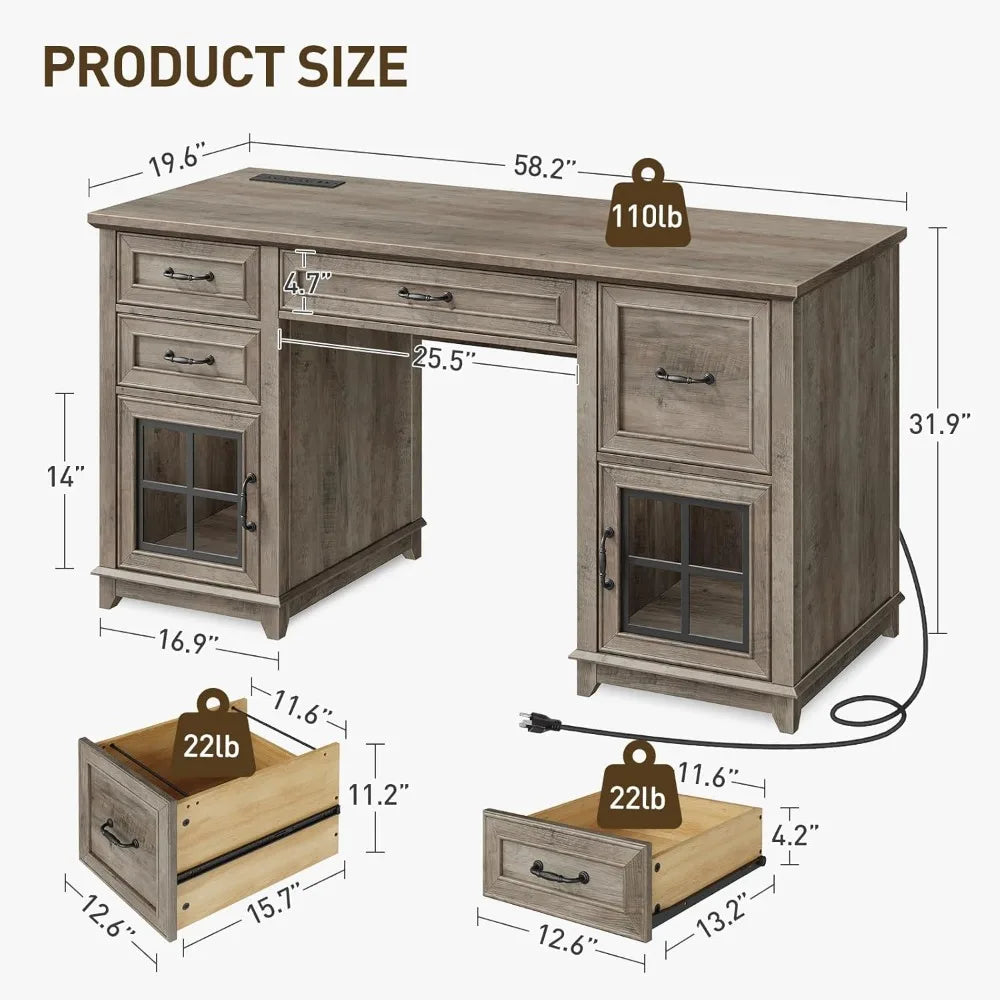 58 Inch Farmhouse Wooden Desk with Power Outlets and LED Light