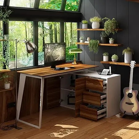 L-Shaped Home Office Desk with Storage 3 Drawers 2 Shelves Modern Design