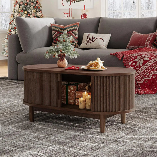 Mid Century Modern Coffee Table with Sliding Tambour Door Storage